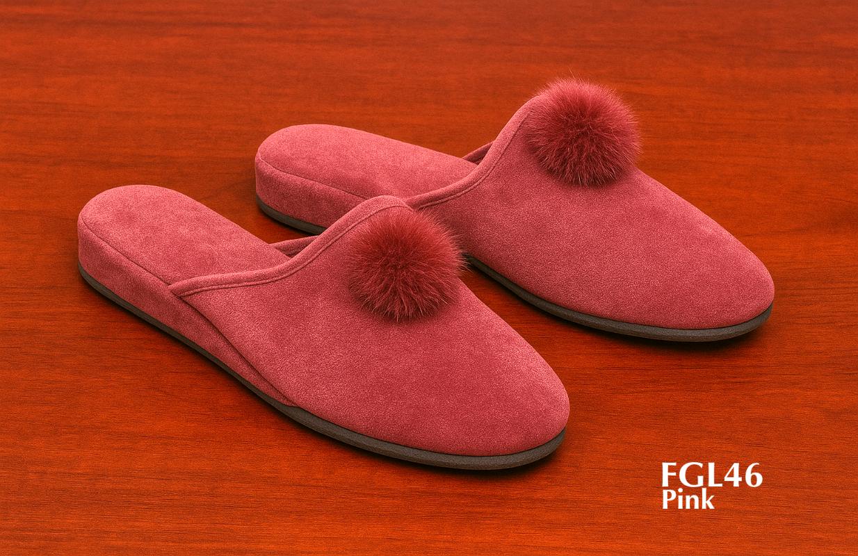 FGL46-pink-fluvet-ladies-mules-pom=pom-slippers