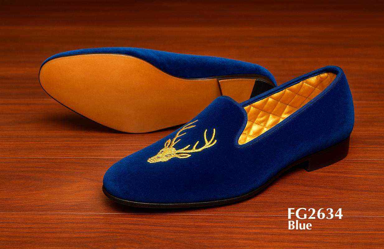 blauwe fluwelen loafers met gouden hertenkop FGV2634