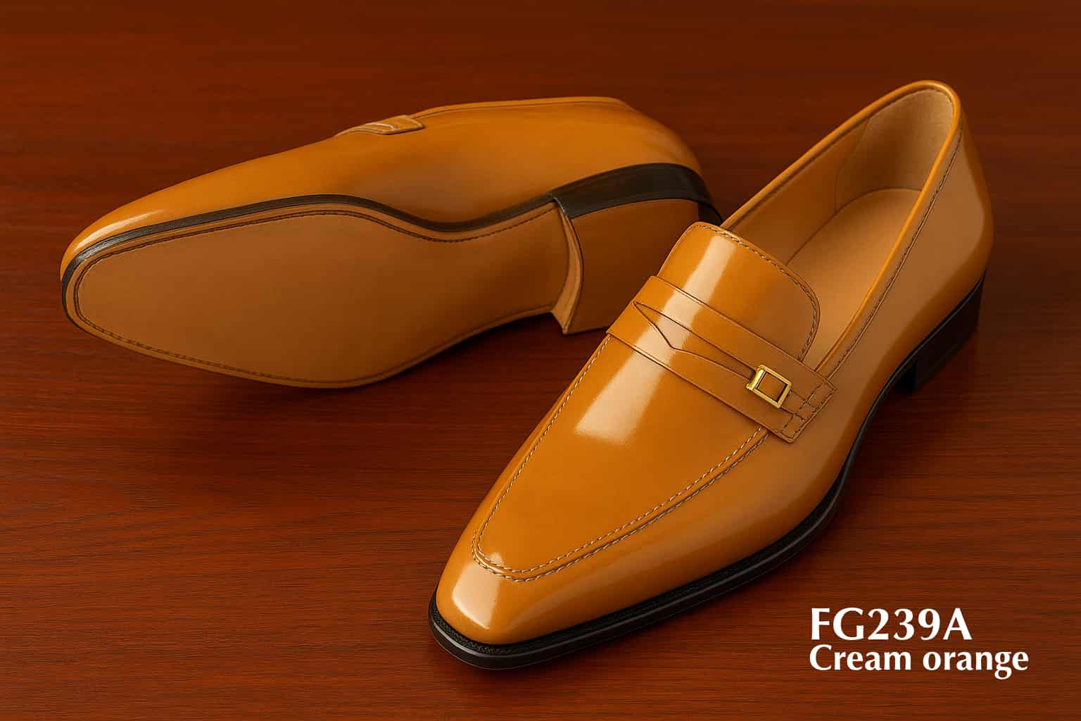 FG239A-Crème-Oranje-Leren-Penny-Slippers-Harde-Zool